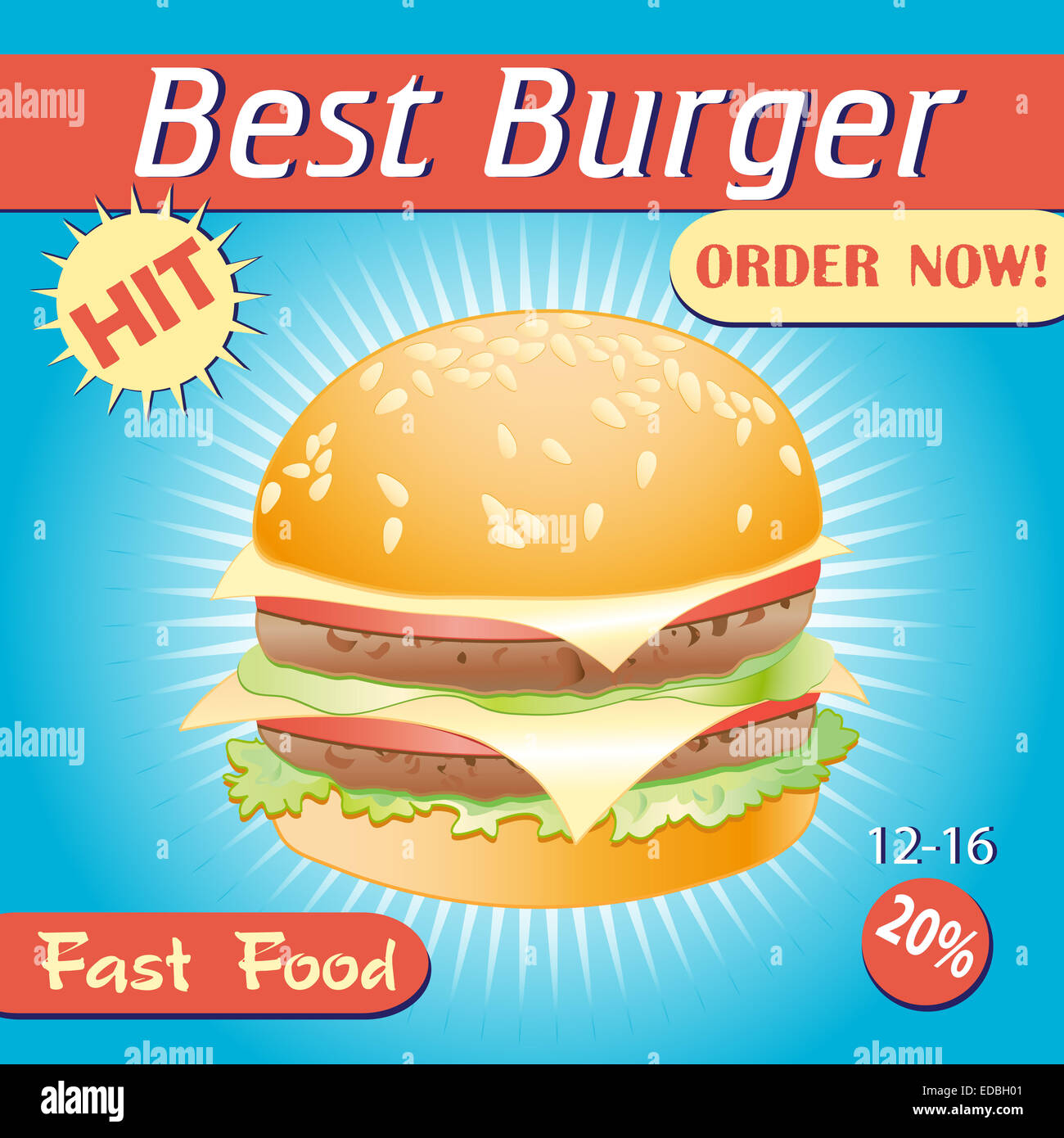 Helle Abdeckung für Fast-Food-Menü - Hamburger auf blauem Hintergrund Stockfoto