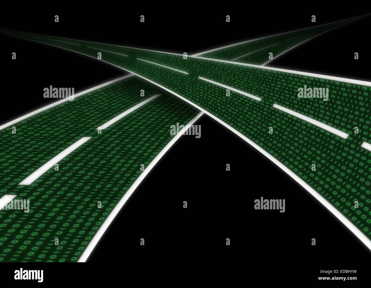 Digitalen Autobahn Datenstreaming Reihe von Ziffern Binärcode Nullen Nummer eins eins als einer Straße-Autobahn Stockfoto
