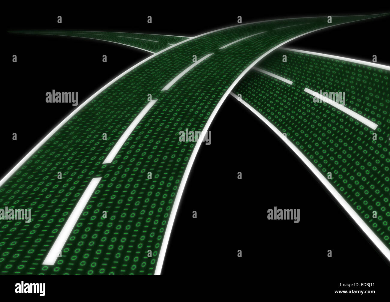 Digitalen Autobahn Datenstreaming Reihe von Ziffern Binärcode Nullen Nummer eins eins als einer Straße-Autobahn Stockfoto