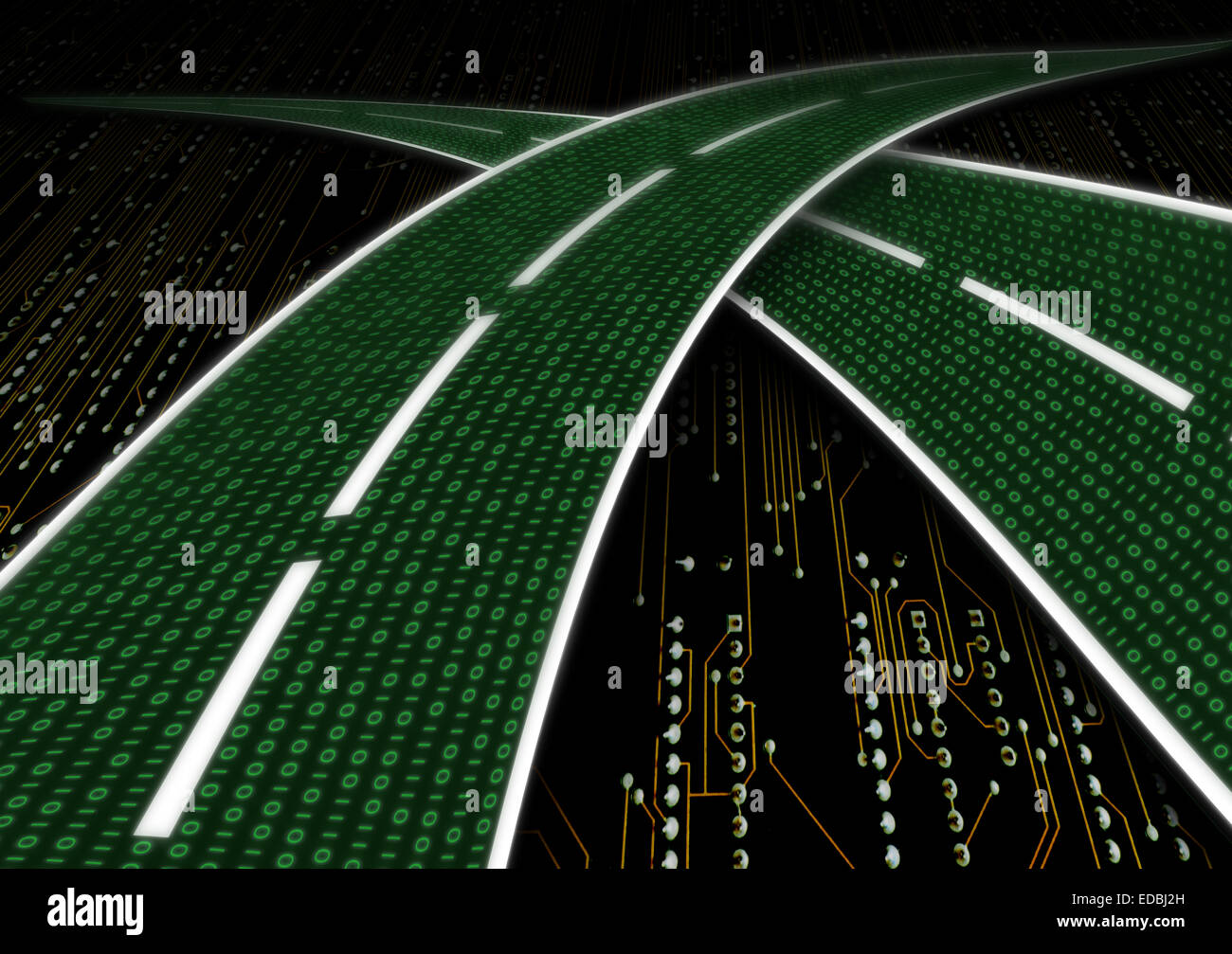 Digitalen Autobahn Datenstreaming Reihe von Ziffern Binärcode Nullen Nummer eins eins als einer Straße-Autobahn Stockfoto