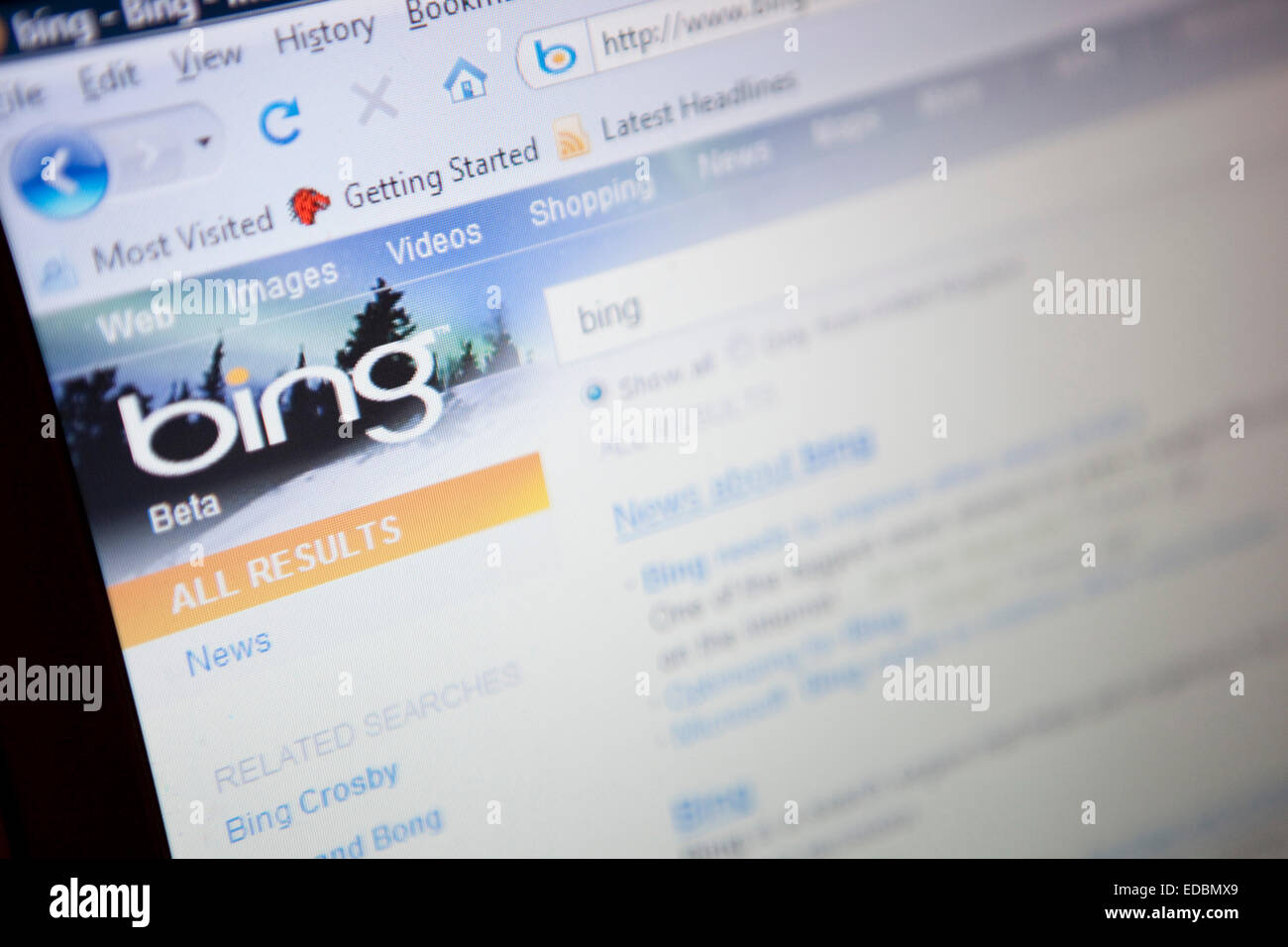 Anschauliches Bild von der neuen Microsoft "Bing" Motor-Website suchen. Stockfoto