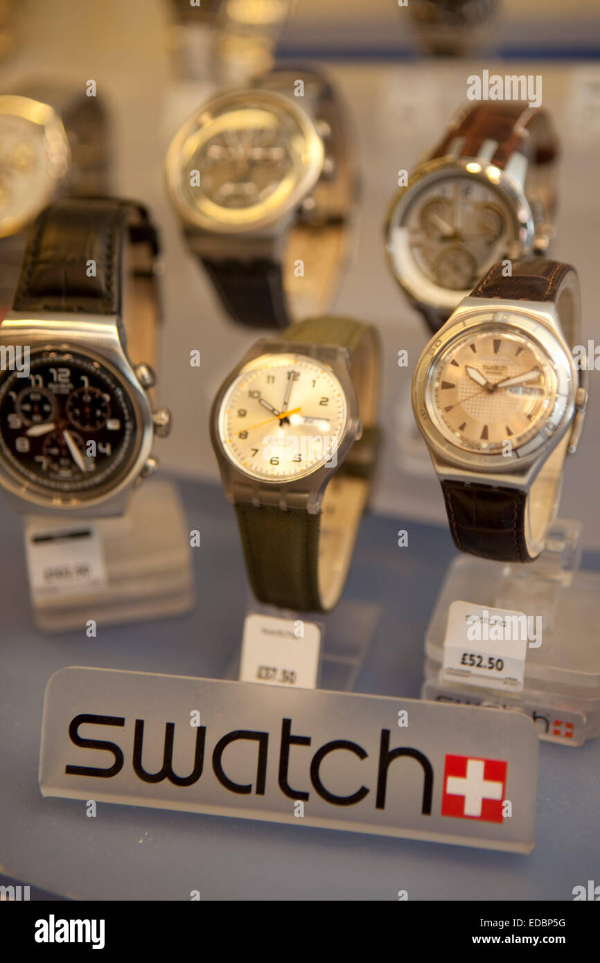 Eine Auswahl von Swatch Armbanduhren. Stockfoto