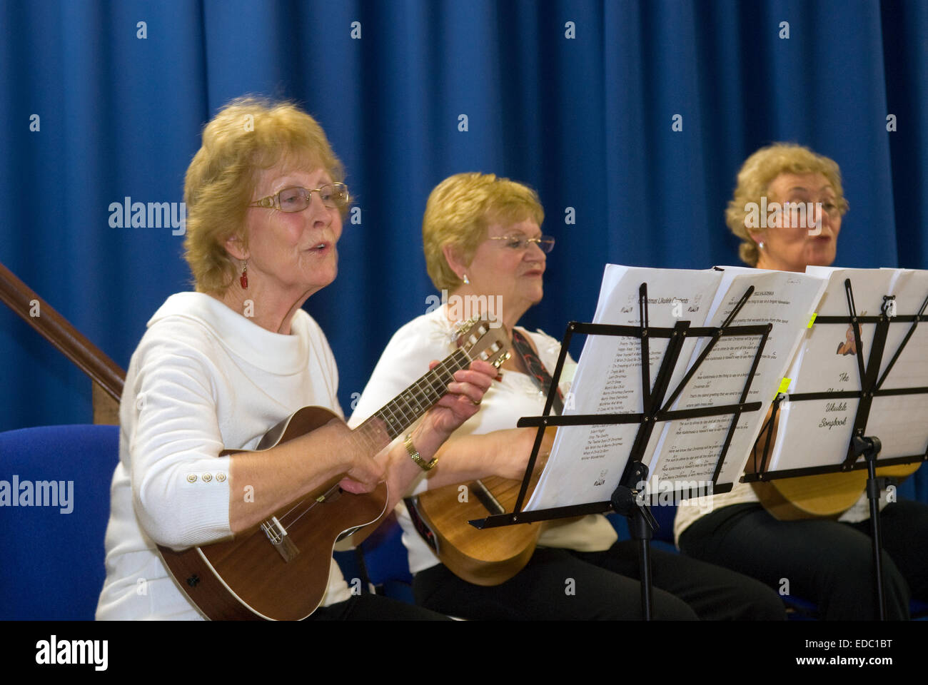 Women's Institute (Wi) Mitglieder singen und spielen die Ukulele an Weihnachten in Village Hall, whitehill, in der Nähe von bordon, hampsh Stockfoto
