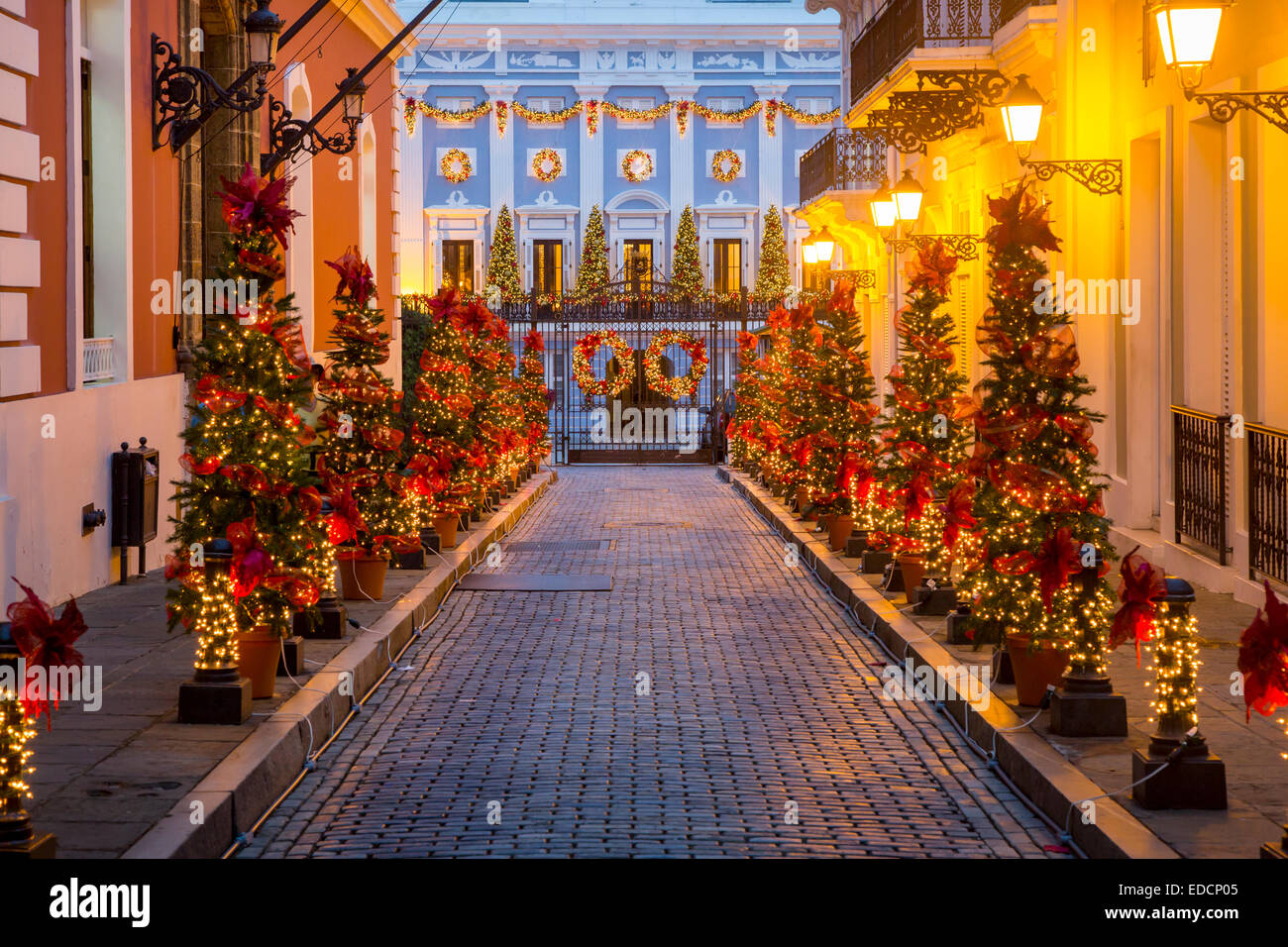 Weihnachtsbeleuchtung säumen die Straße nach La Fortaleza - Gouverneure Residenz, San Juan, Puerto Rico Stockfoto
