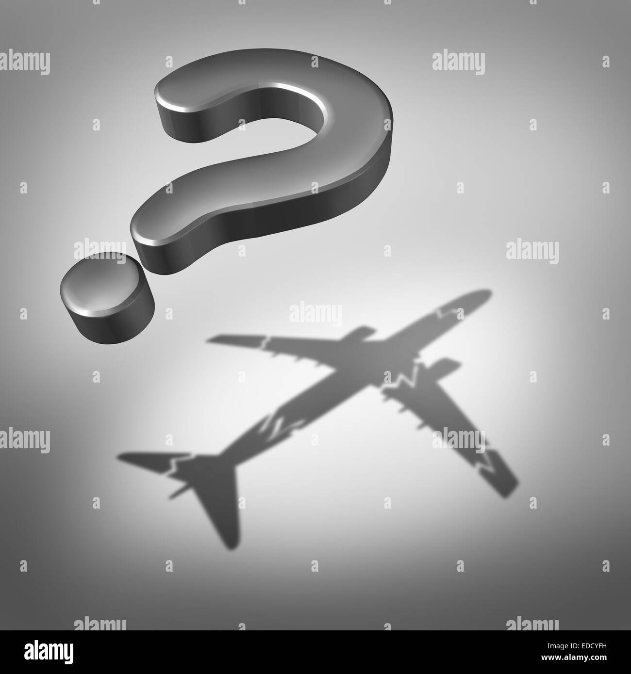 Luftfahrt-Katastrophe Frage und Luft Sicherheitskonzept als fliegende drei dimensionale Fragezeichen mit einem Schlagschatten eines beschädigten Flugzeug als Symbol für die Unsicherheit. Stockfoto