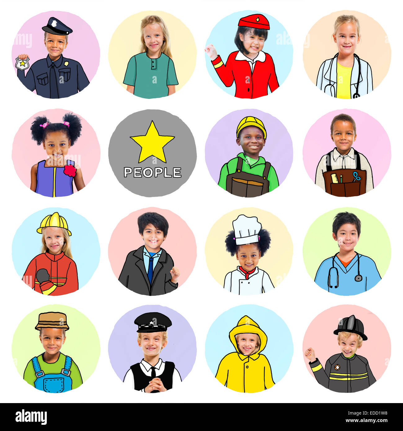 Multiethnische Gruppe von Kindern mit verschiedenen Jobs Konzepte Stockfoto