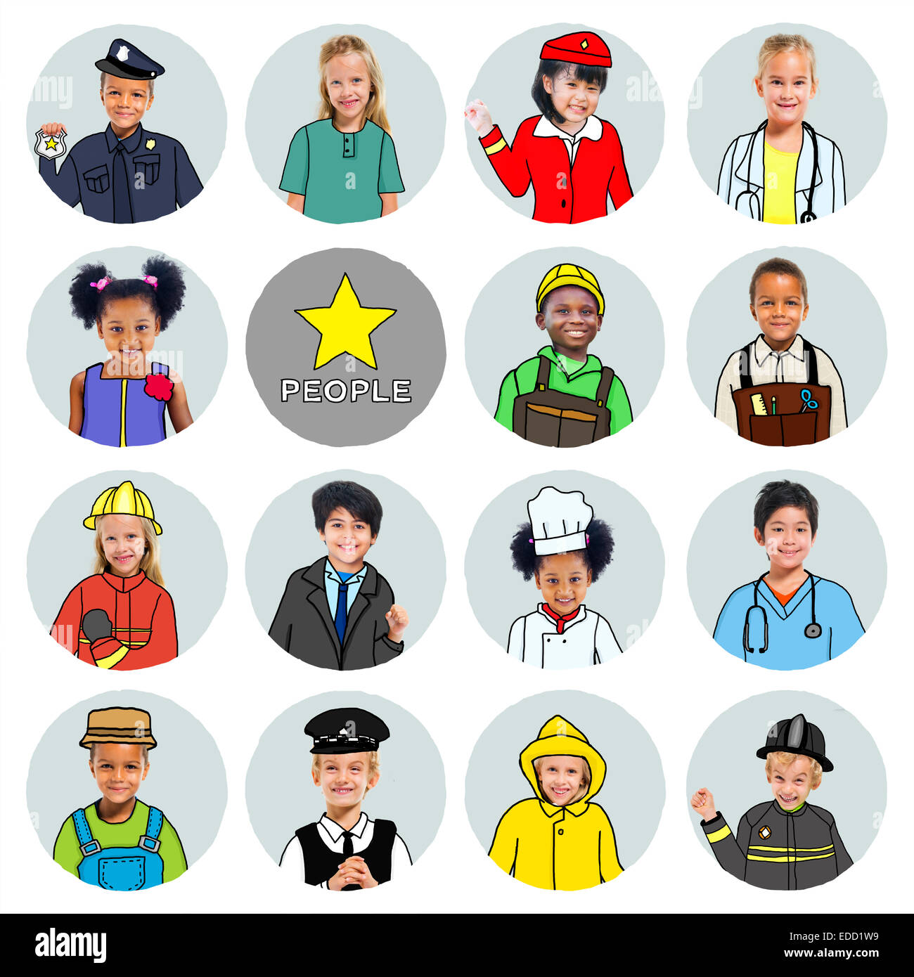 Multiethnische Gruppe von Kindern mit verschiedenen Jobs Konzepte Stockfoto