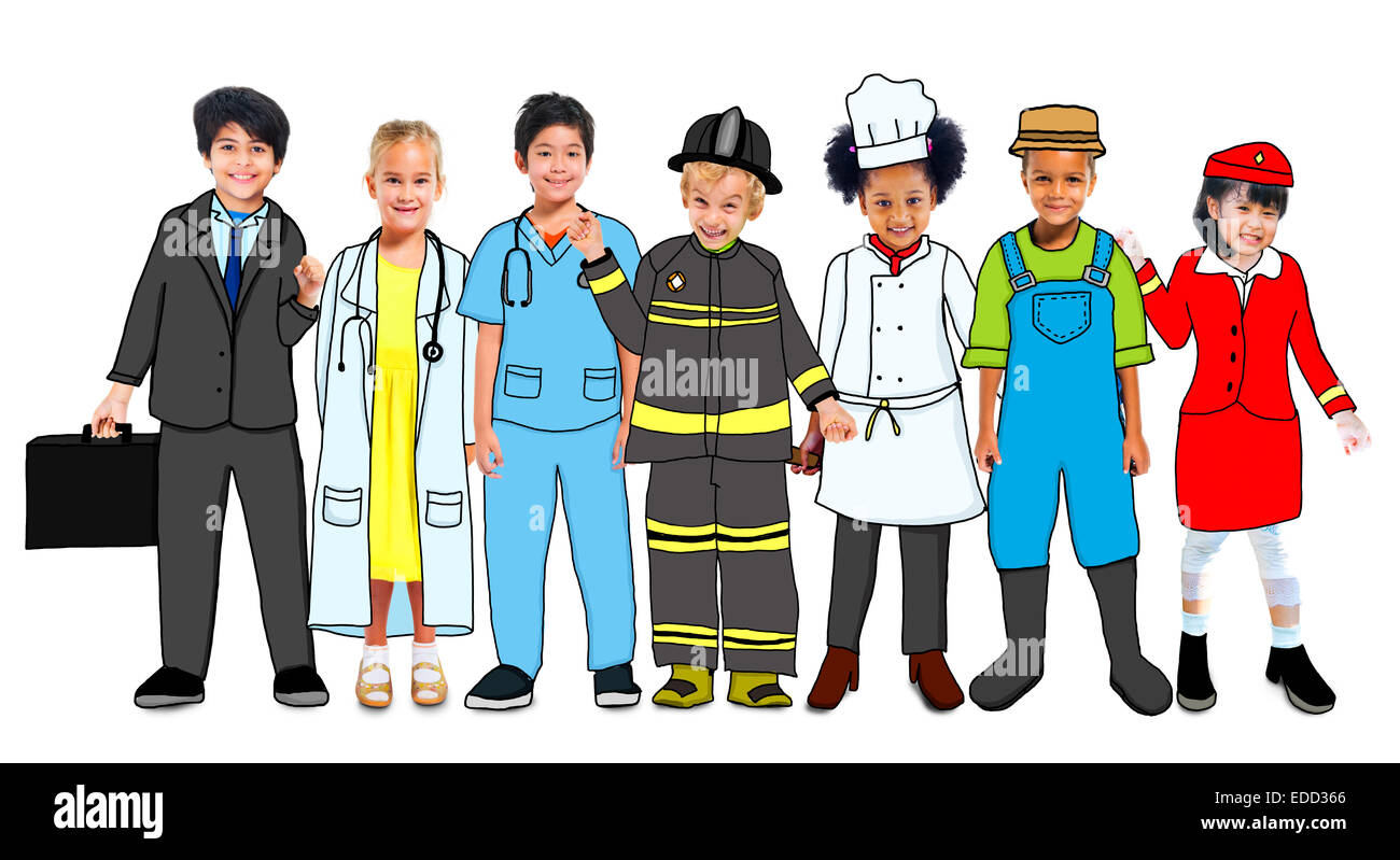 Multiethnische Gruppe von Kindern mit zukünftigen Karriere Foto und Illustration Stockfoto