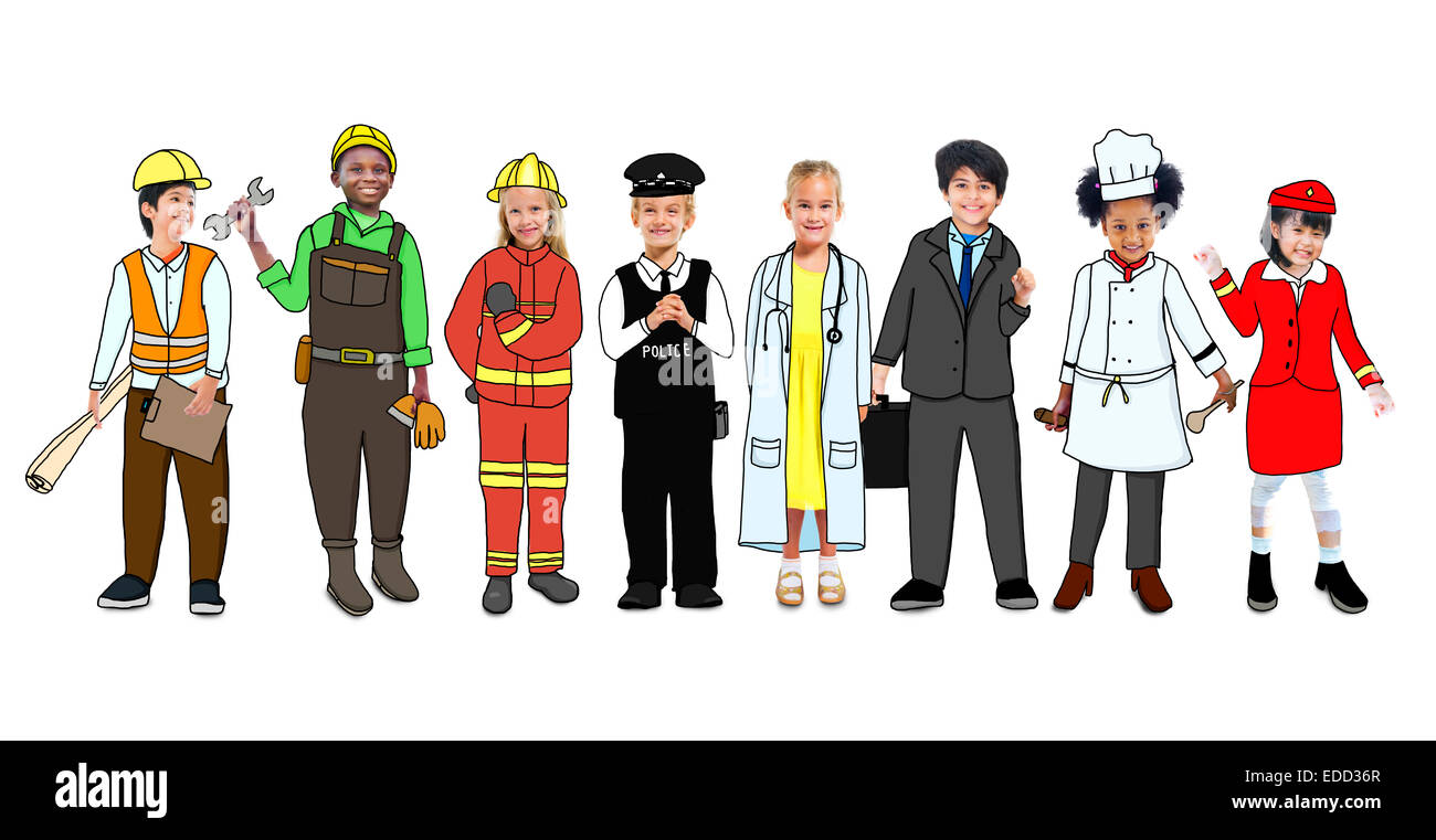 Kinder mit Zukunft Arbeit Uniformen Stockfoto