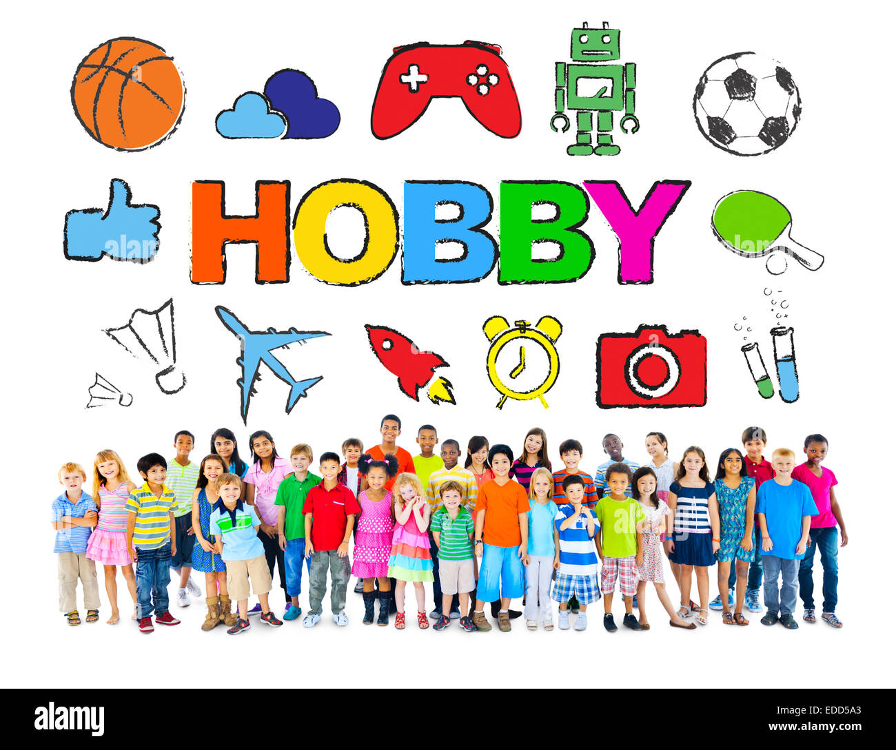 Multiethnische Gruppe von Kindern mit Hobby-Konzept Stockfoto