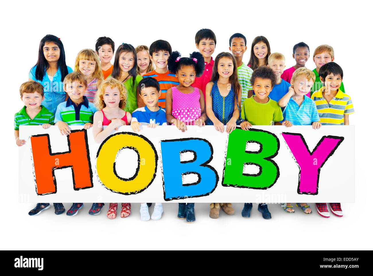 Diverse fröhliche Kinder halten das Wort Hobby Stockfoto