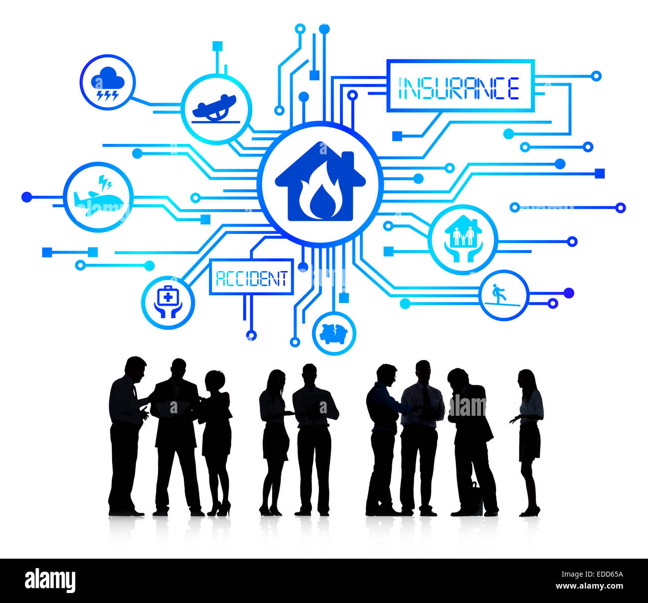 Silhouette-Gruppe von Geschäftsleuten mit Versicherungskonzept Stockfoto