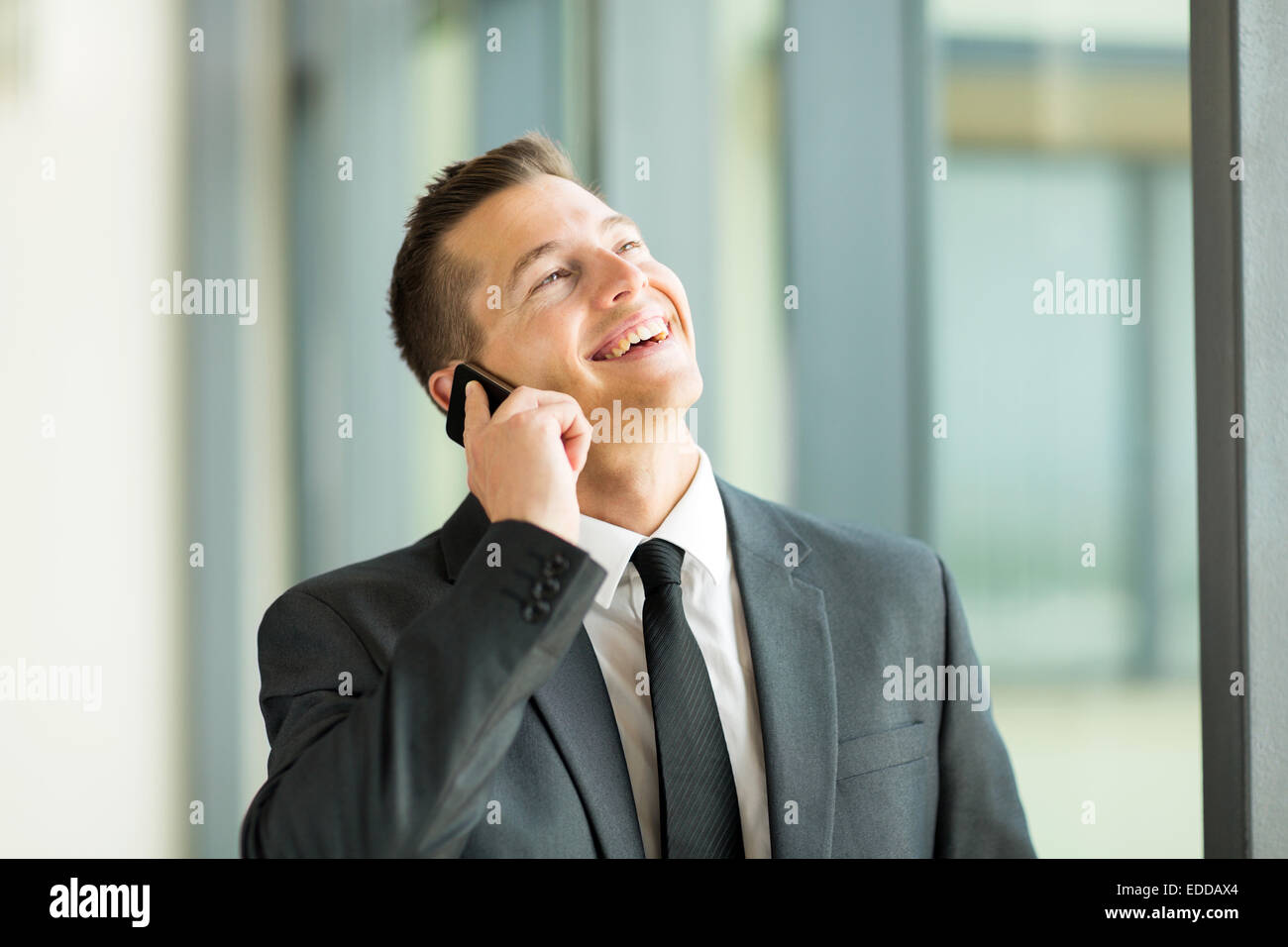 fröhliche Geschäftsmann reden über Handy im Büro Stockfoto