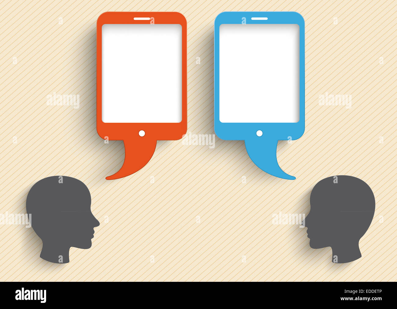 Vektor-Illustration, Köpfe mit Smartphone-Sprechblasen Beige Hintergrund Stockfoto