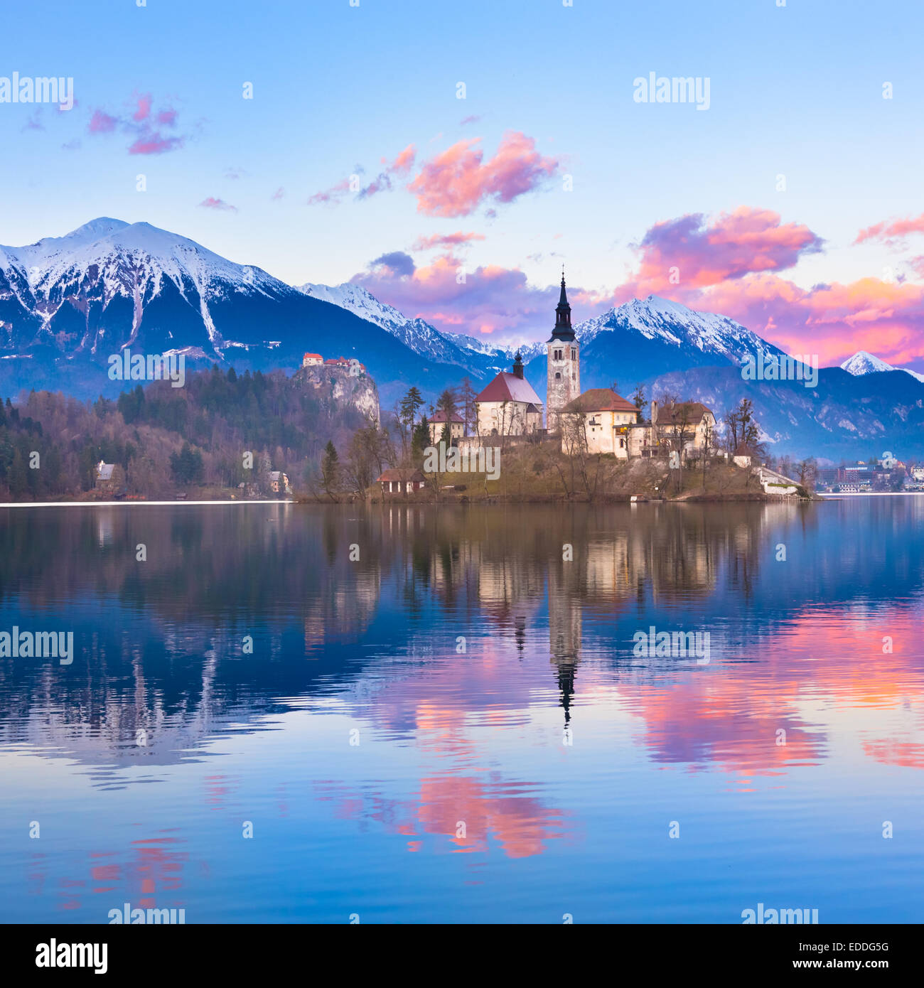 Bled in Slowenien, Sonnenuntergang Europa. Stockfoto