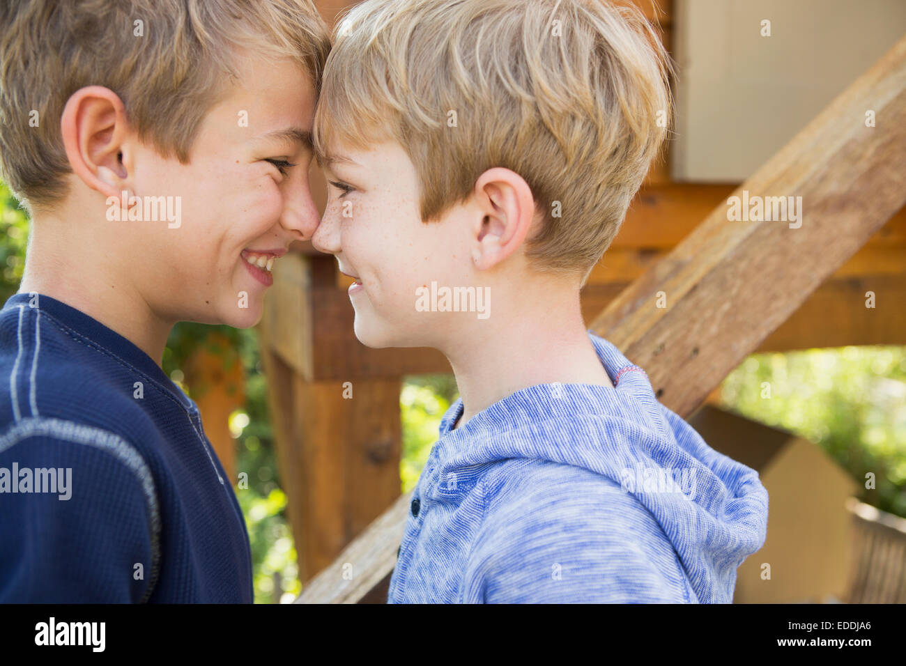 Zwei Brüder in einem Garten, steht man vor einem Baumhaus spielen. Stockfoto