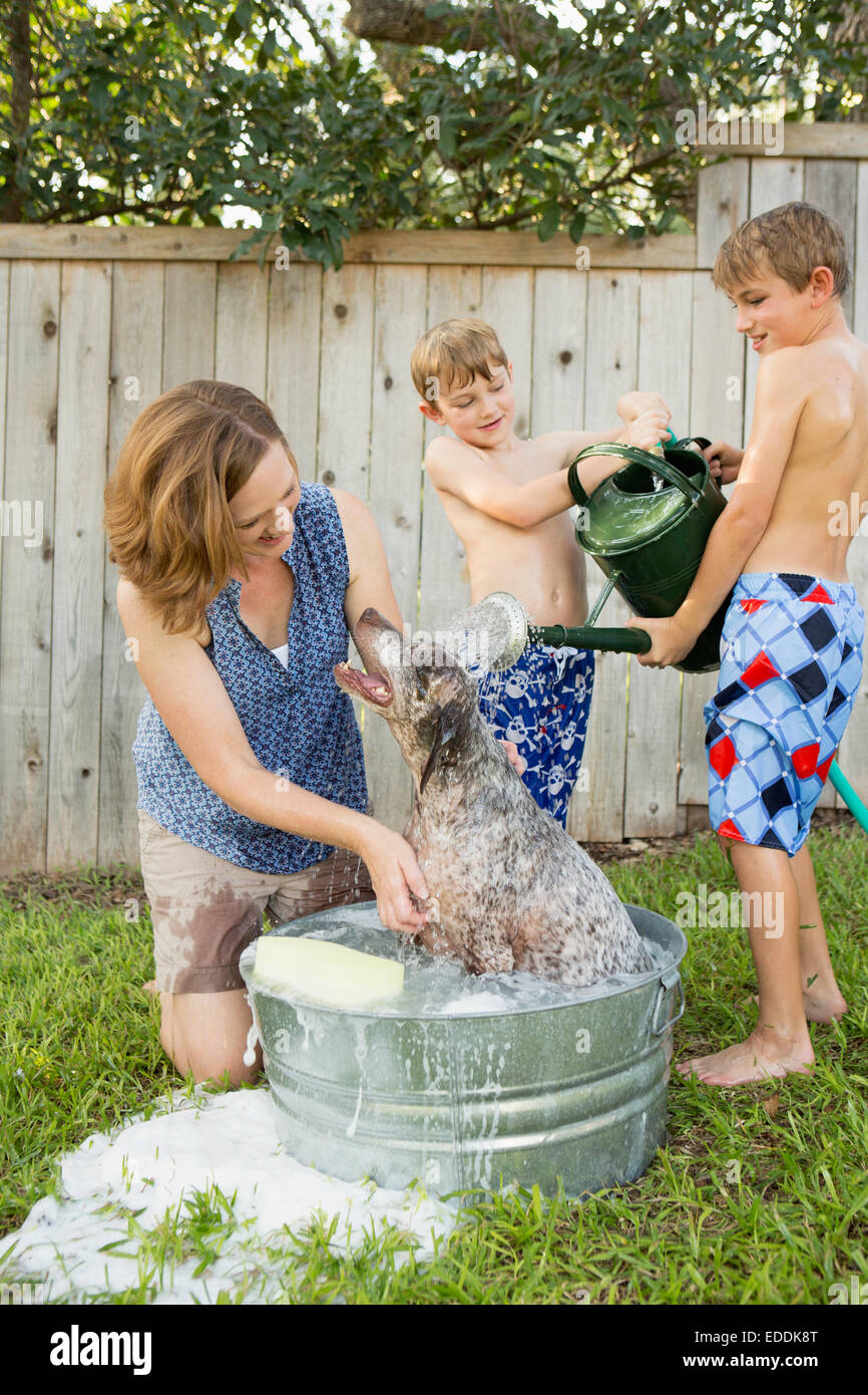 Eine Familie in ihrem Garten einen Hund in der Badewanne zu waschen. Stockfoto