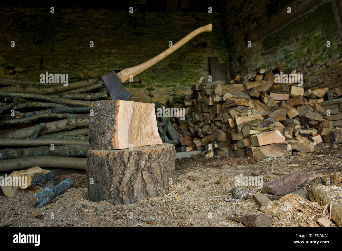Axt in ein Stück Holz auf der Oberseite ein Hackklotz, einen Haufen von Protokollen und gehacktem Holz stecken. Stockfoto