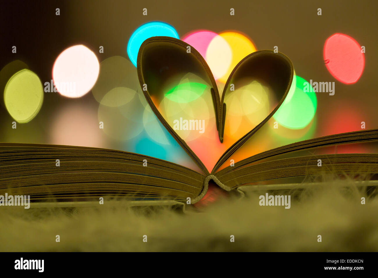 Buchseiten vor bunten Lichtern in Herzform Stockfoto