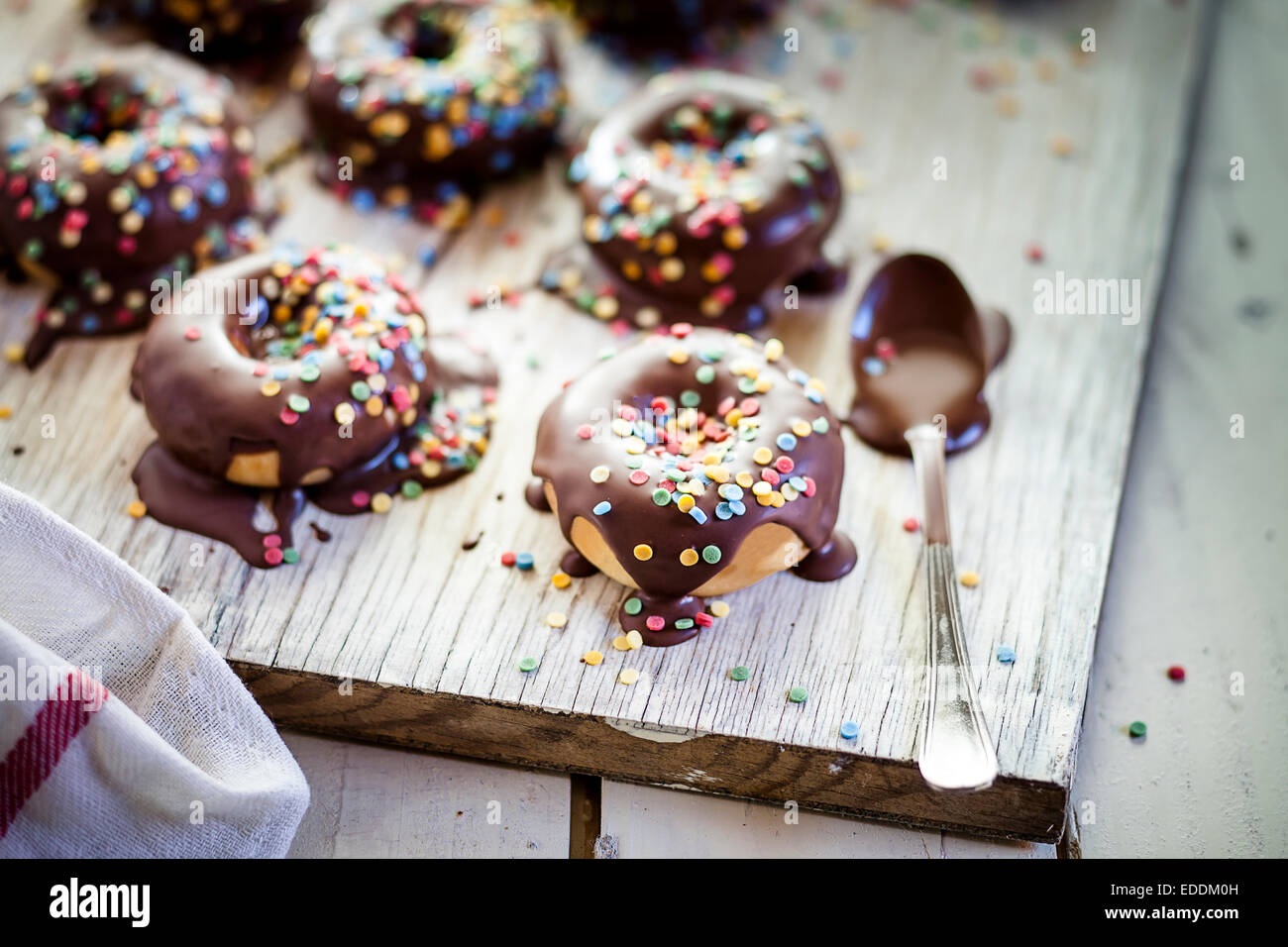 Schoko-Donuts mit Zucker Streusel, Studio Stockfoto