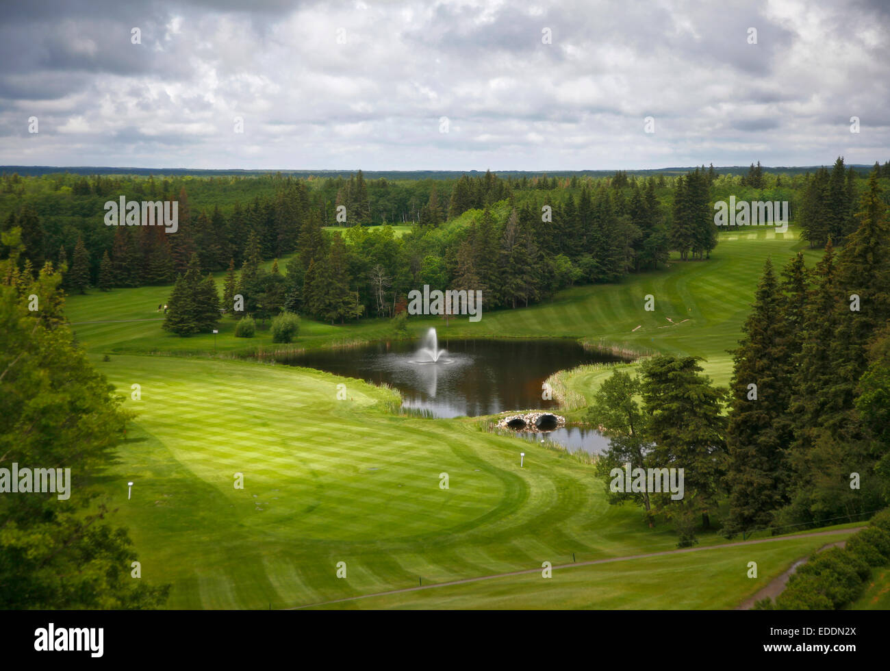Blick aus der Höhe über ein Golfplatz Fairway. Stockfoto