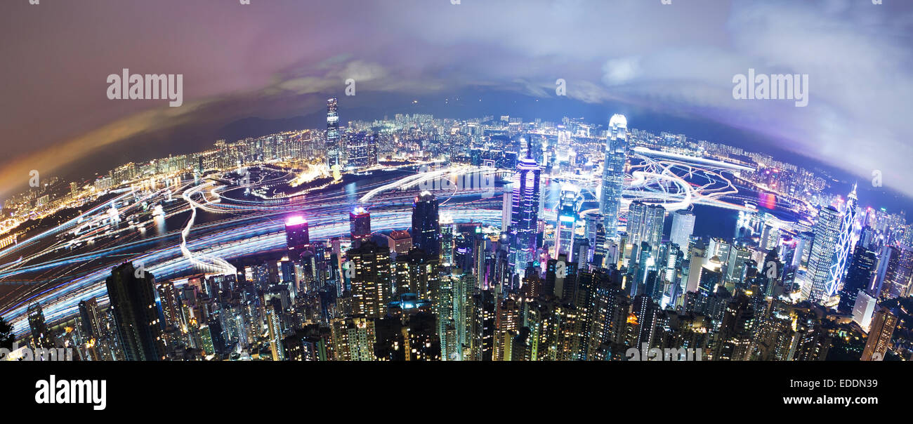 Hong Kong bei Nacht, lange Exposition Stockfoto