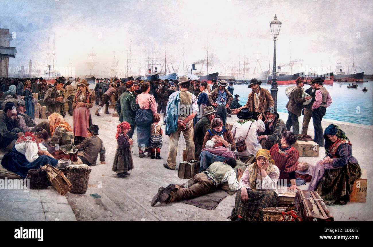 Emigranten 1896 Angiolo Tommasi (1858 – 1923) Italien Italienisch (Emigrants1896 erreicht das Gerät, das Phänomen der Auswanderung stellt die greifbarsten Schwierigkeiten der Italiener) Stockfoto
