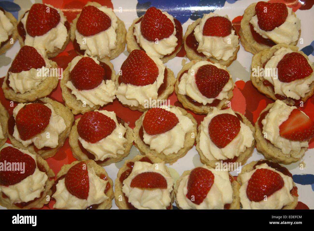 Erdbeer-Scones mit Sahne auf einem Dorf Tee, Cambridgeshire, England Stockfoto
