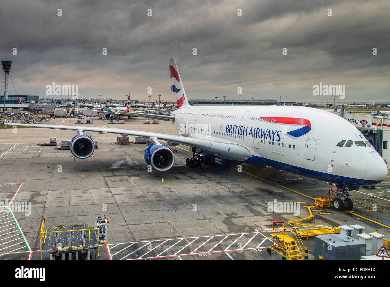 British Airways-Airbus A380 im Terminal 5 in Heathrow Flughafen, London, Vereinigtes Königreich Stockfoto