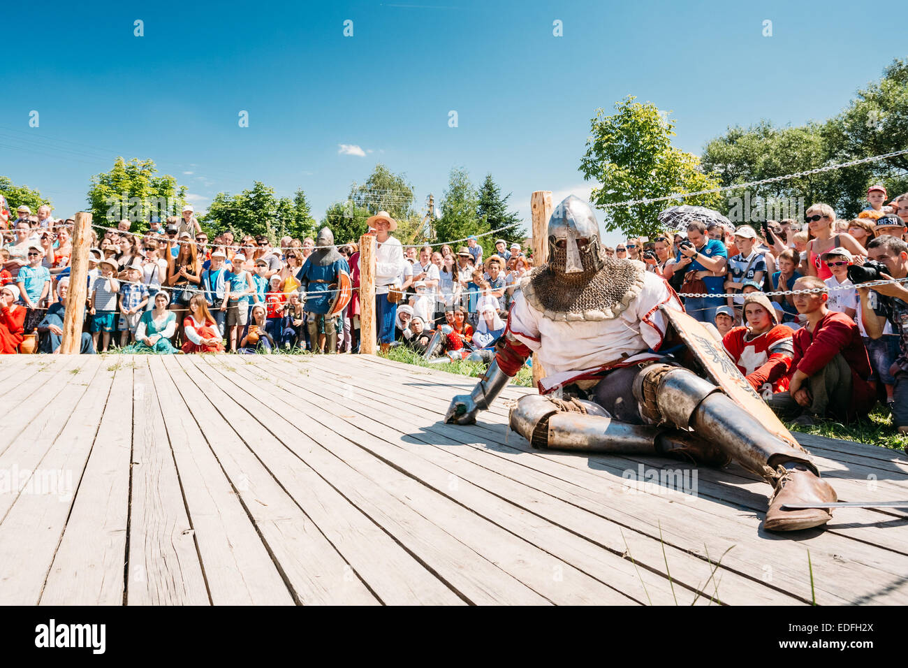 Denkmalpflege der ritterlichen Kämpfe auf VI Festival der mittelalterlichen Kultur "Our Grunwald" Stockfoto