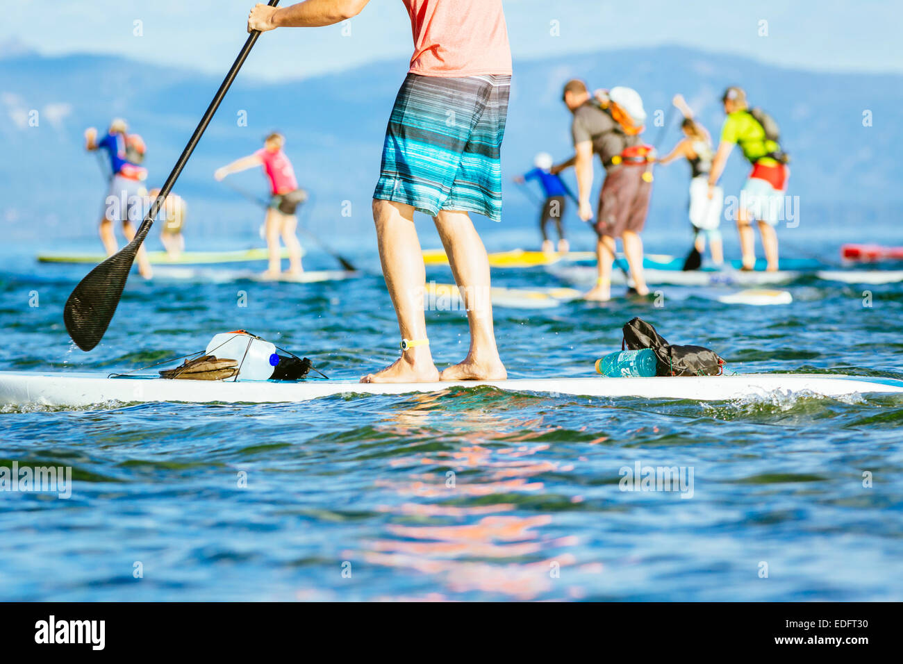 Viele Menschen sind auf Stand up Boards in einem Rennen paddeln. Stockfoto