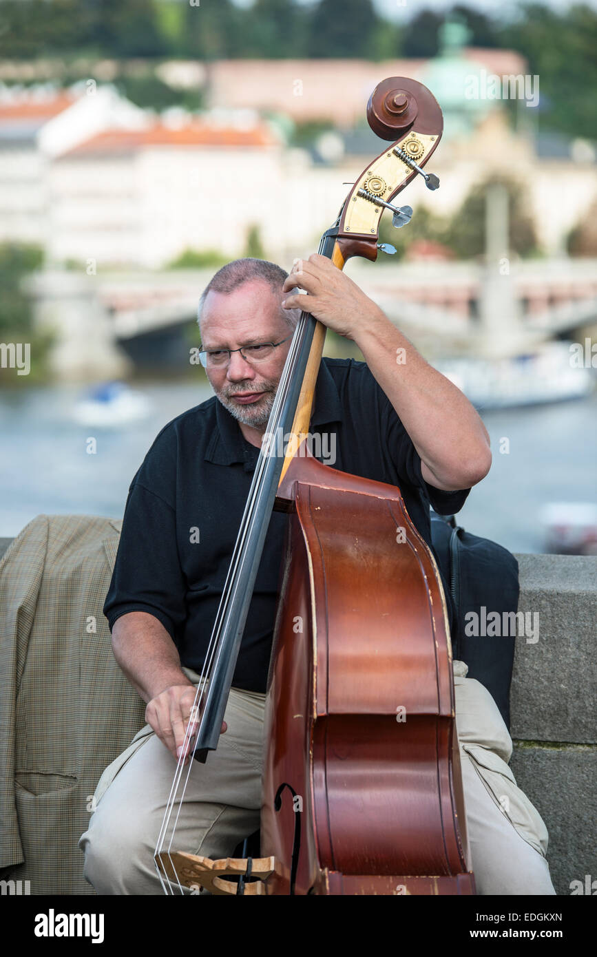 Musiker spielt Kontrabass auf der Karlsbrücke, Prag in der Tschechischen Republik Stockfoto