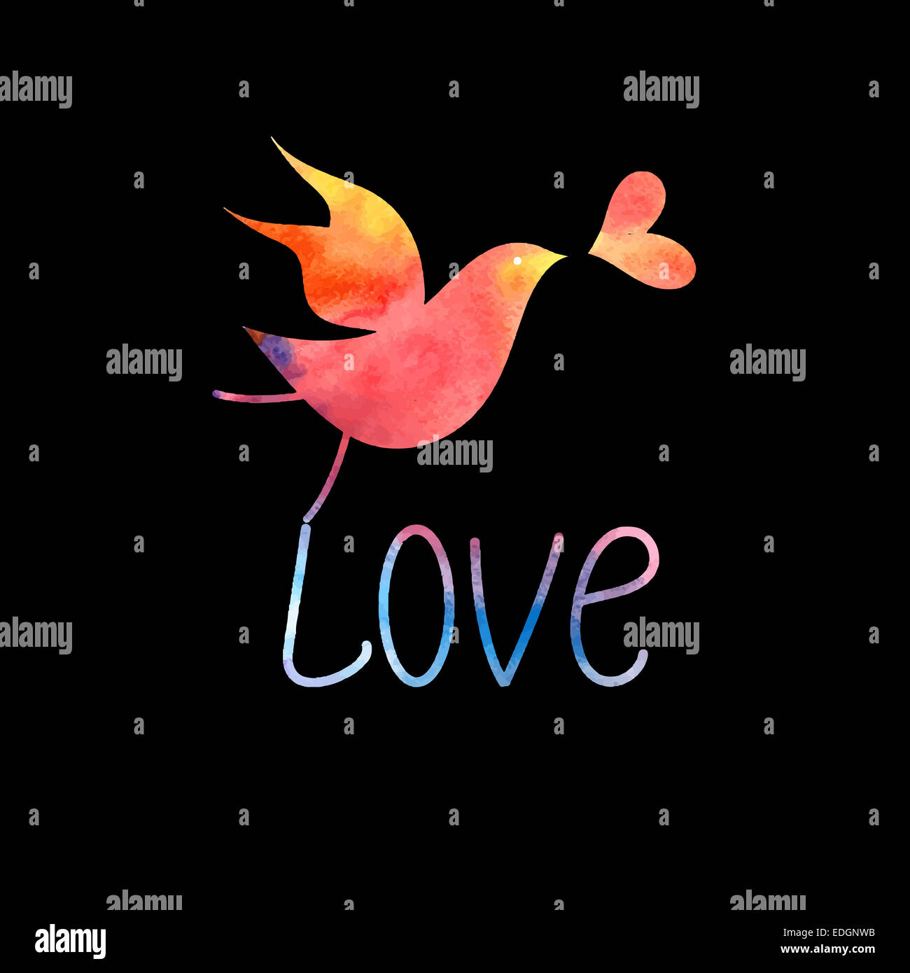 Liebe mit Aquarell Vektor Silhouette Vogel mit Herzen auf schwarzem Hintergrund Stockfoto