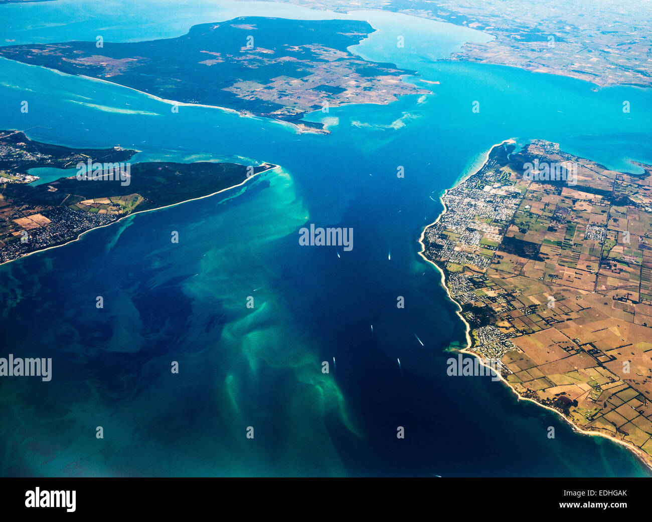 Schöne areal Aussicht auf Melbourne Southern Suburbs - Philip Island, French Island. Stockfoto