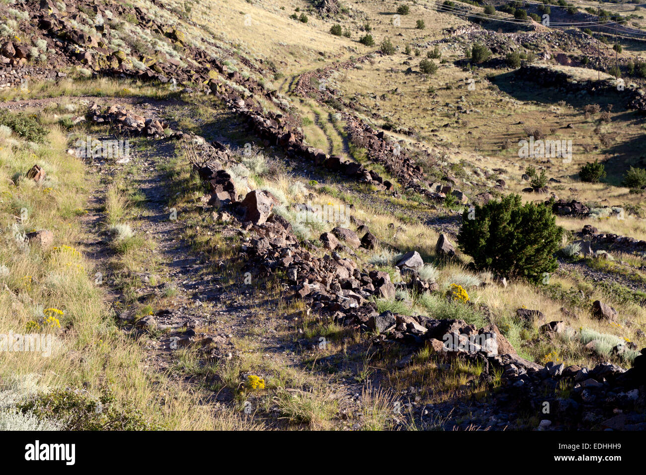 Haarnadelkurve La Bajada Grade südlich von Santa Fe, New Mexico, das einst Teil der Nationalstraße alte Wanderwege. Stockfoto