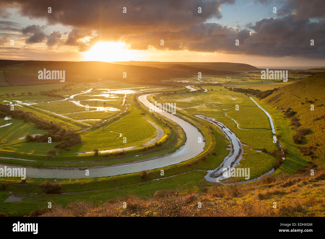 Einen fantastischen Sonnenaufgang über den Cuckmere Valley, Seaford, Ostsussex, England Stockfoto