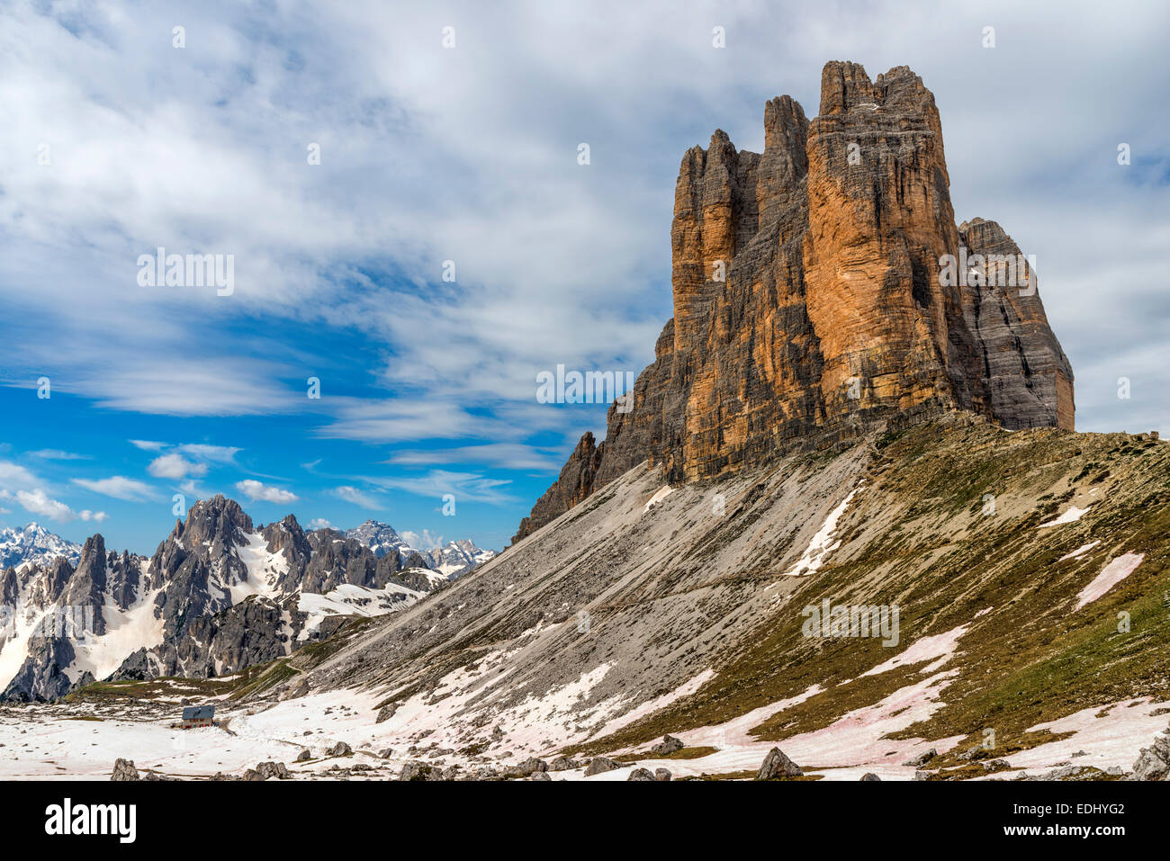 Tre Cime di Lavaredo oder Drei Zinnen, Sextener Dolomiten, Sextner Dolomiten, Südtirol, Italien Stockfoto
