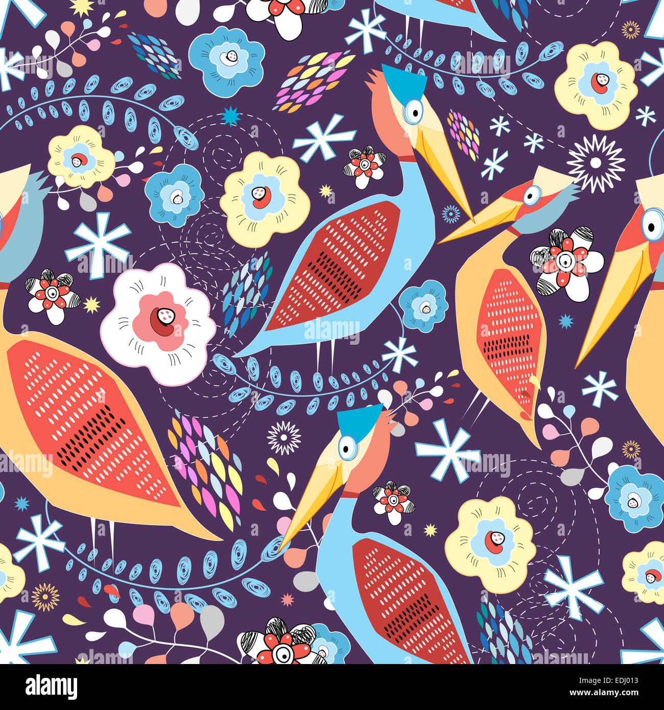 hellen natürlichen Musterdesign mit Vögel auf einem lila Hintergrund Stockfoto