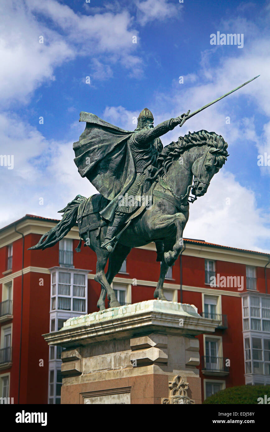Bronze Statue, die "El Cid", Rodrigo Díaz de Vivar auf seinem Schlachtross Babieca, schwingt sein Schwert Tizona in Burgos Spanien Stockfoto