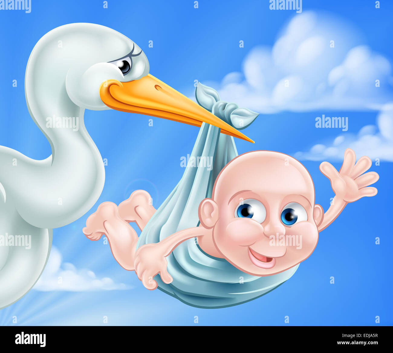 Eine Abbildung von einem Cartoon Storch liefert ein neugeborenes Baby. Eine klassische Metapher für Schwangerschaft oder Kind Geburt Stockfoto