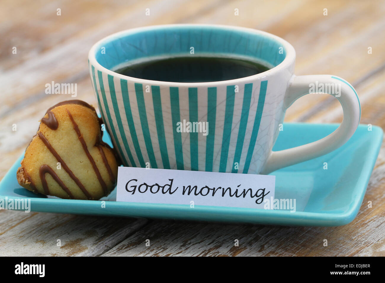 Guten Morgen Karte mit Kaffee und Herz geformt Keks Stockfoto