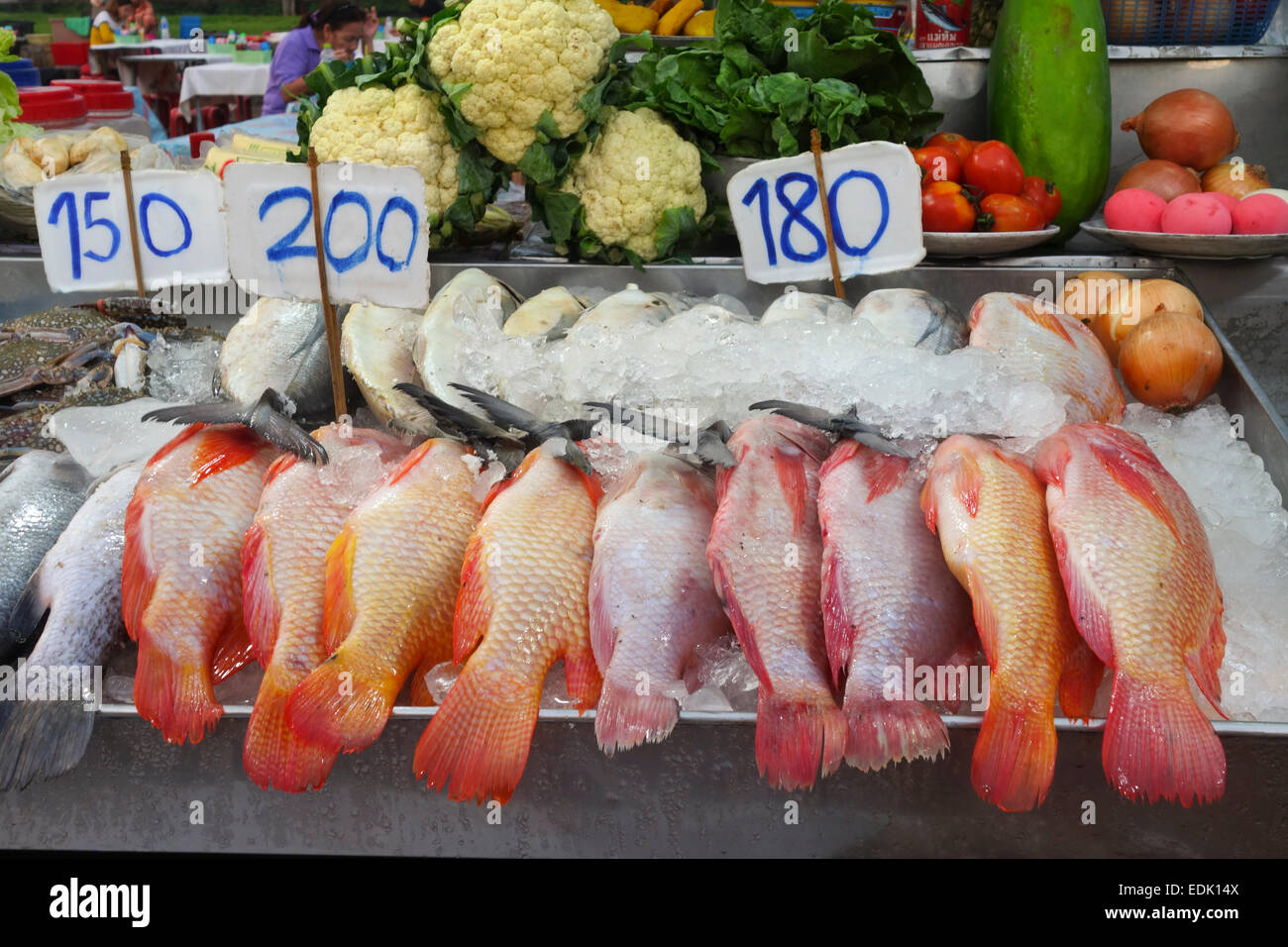 Frische rote Schnapper auf dem Display in der Nacht Markt Krabi, Thailand, Südostasien. Stockfoto