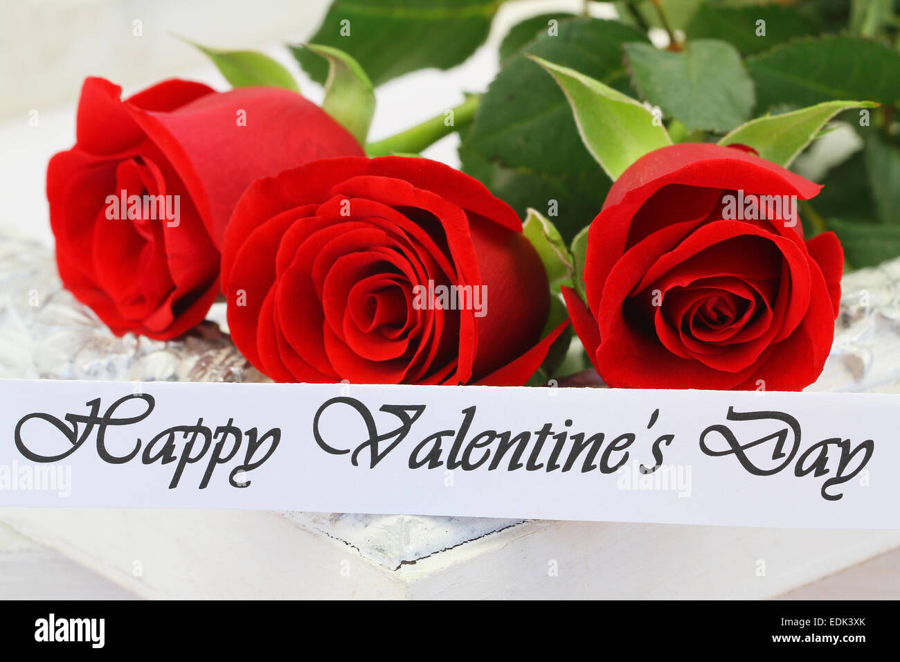 Happy Valentinstag-Karte mit drei roten Rosen Stockfoto
