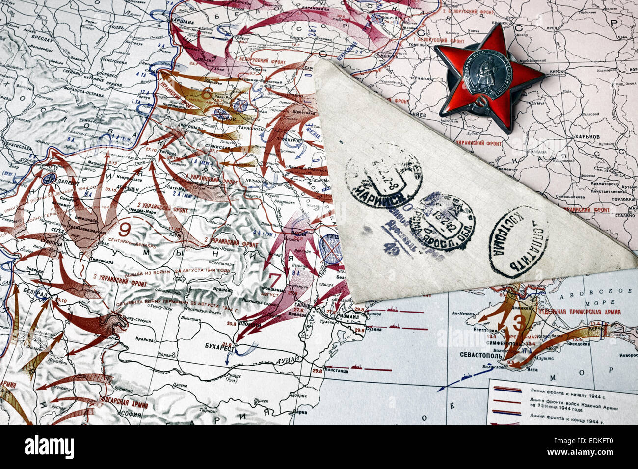 Karte der Kampfhandlungen im zweiten Weltkrieg, die Reihenfolge der Red Star und dreieckigen Brief von vorne Stockfoto