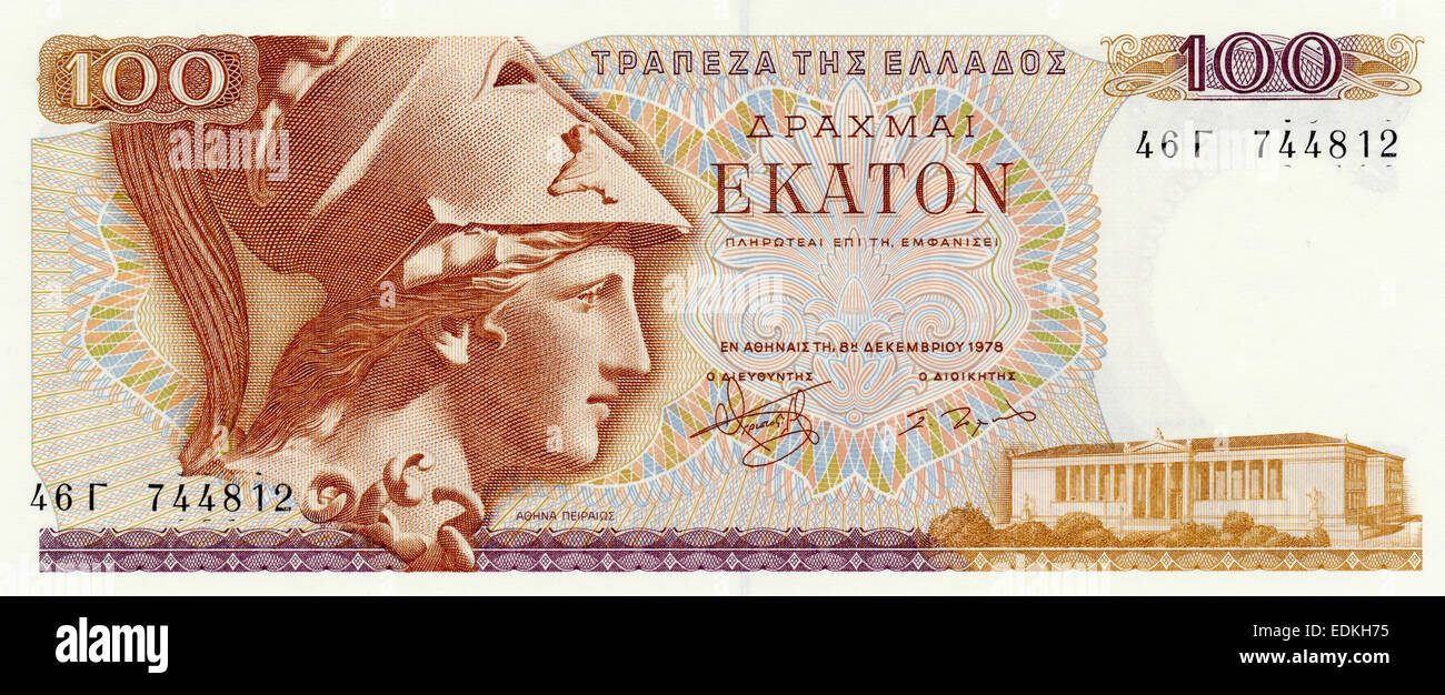 Banknote aus Griechenland, 100 Drachmen von 1978 mit EU-Zeichen, symbolisches Bild Stockfoto