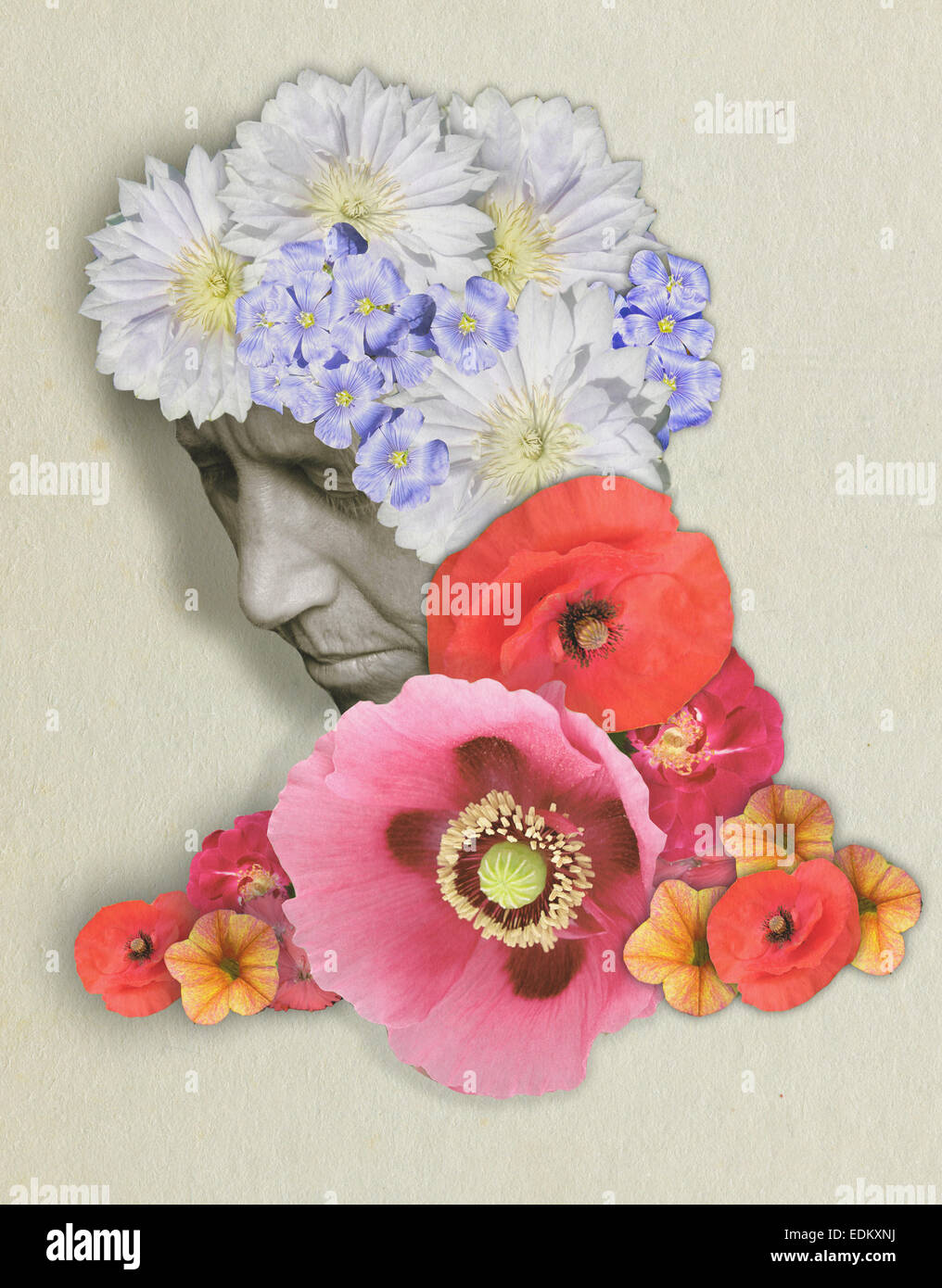 Dies ist ein Bild einer Frau, die mit Blumen bedeckt ist. Stockfoto