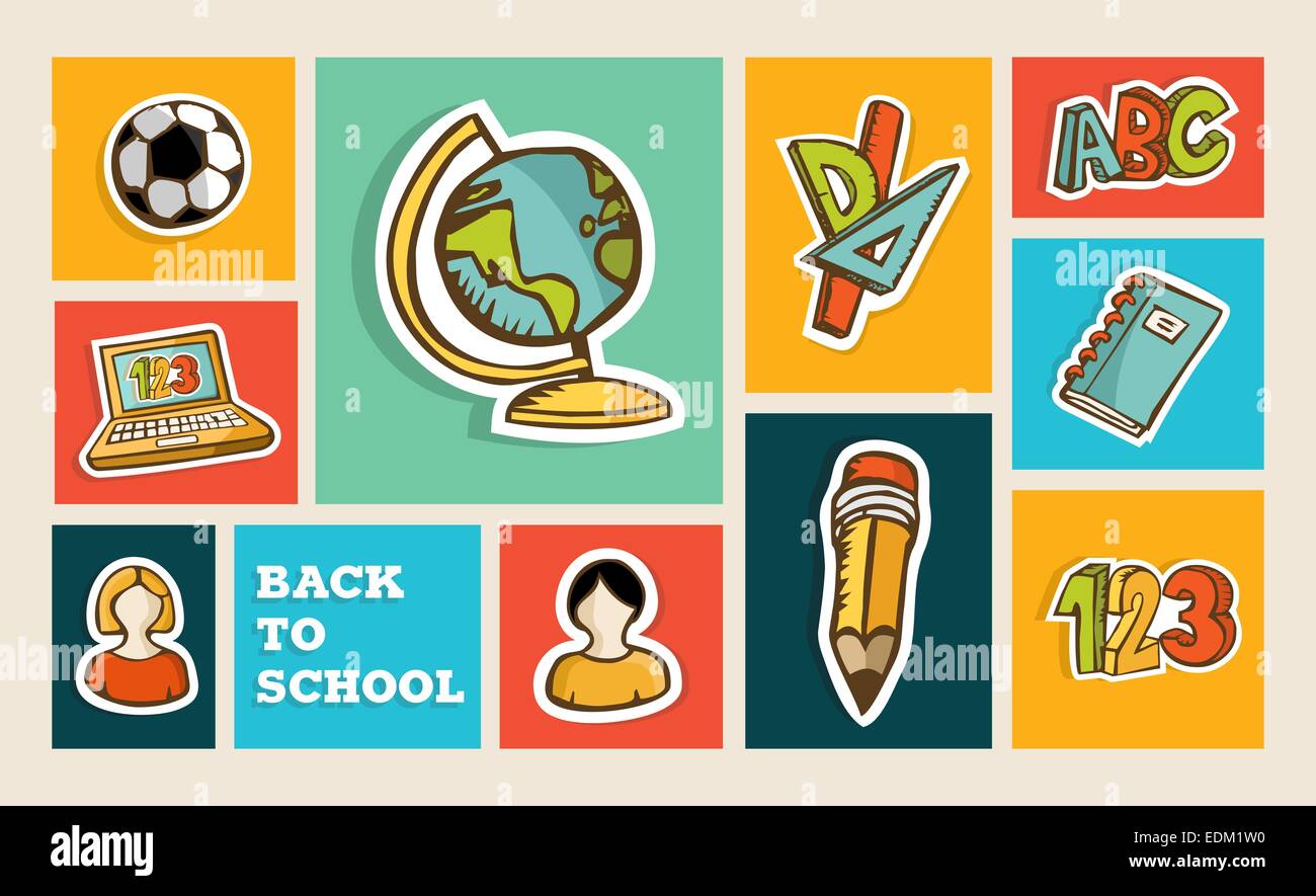 Zurück zur Schule gesetzt bunten Hand gezeichnete Skizziersymbol Abbildung. Bildung und Lernkonzept ideal für app und Web-Layout. EP Stockfoto