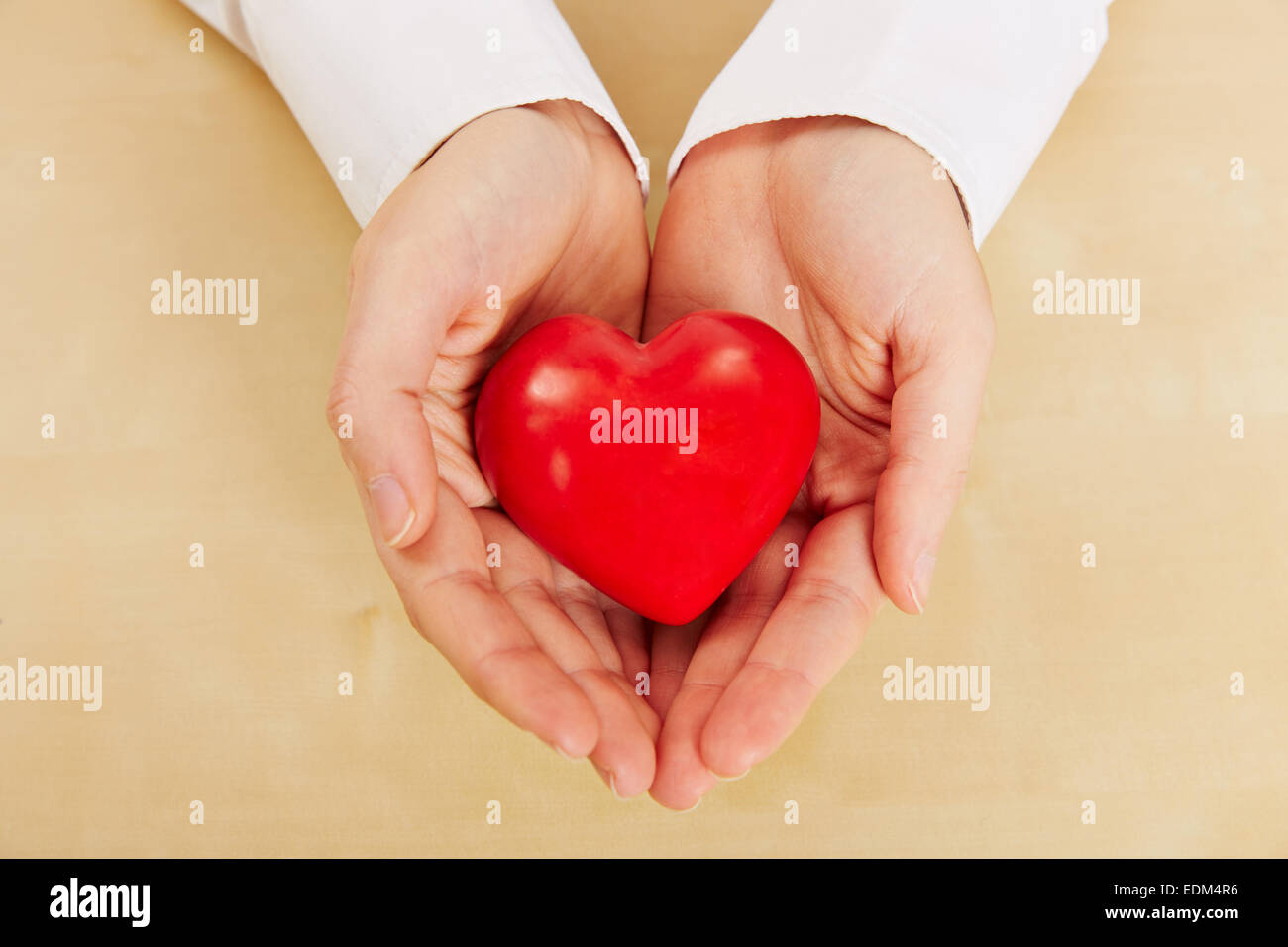 Frau rotes Herz in ihren Händen hält, als Symbol für Liebe und Fürsorge Stockfoto