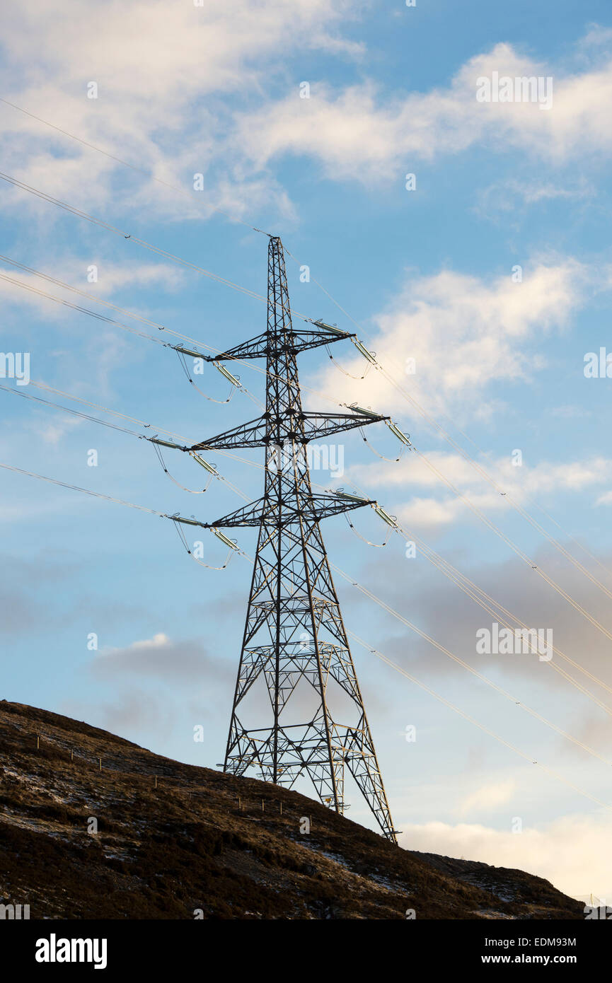 Strom Pylon in der Morgensonne. Scottish Borders, Schottland Stockfoto