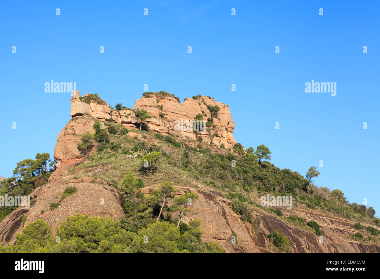 Felsformationen. Sant Llorenc del Munt ich Naturpark Serra de l'Obac. Provinz Barcelona. Catalunya. Spanien. Stockfoto